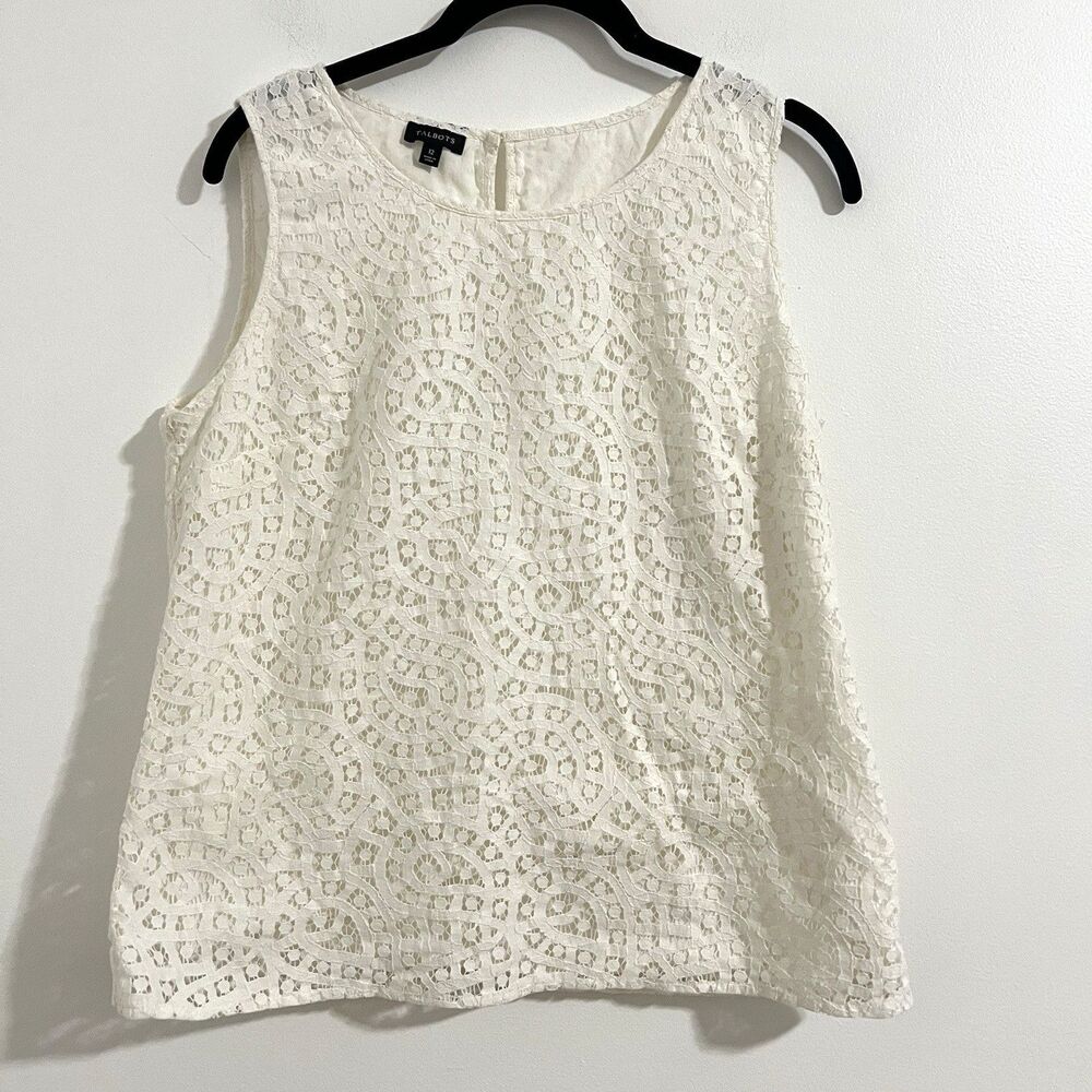 Talbots Top Womens 12 White Eyelet Blouse Sleeveless Classic Embroidered Office